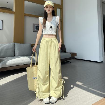 BY18093# 休闲裤女夏季新款美式复古绑带镂空高腰直筒工装裤 服裝批發女裝批發服飾貨源