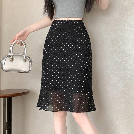 BY18094# a字半身裙女新款夏季白色波点高腰气质法式小众裙子女 服裝批發女裝批發服飾貨源