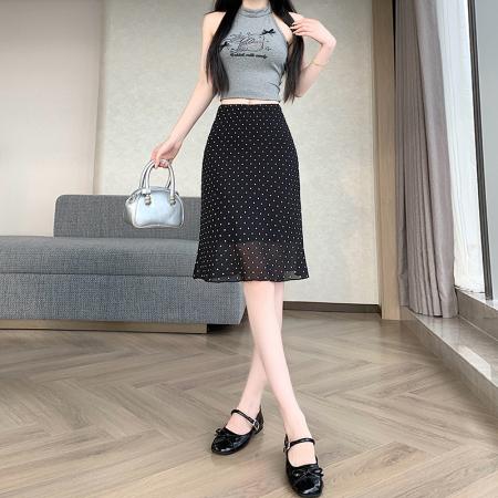 BY18094# a字半身裙女新款夏季白色波点高腰气质法式小众裙子女 服裝批發女裝批發服飾貨源
