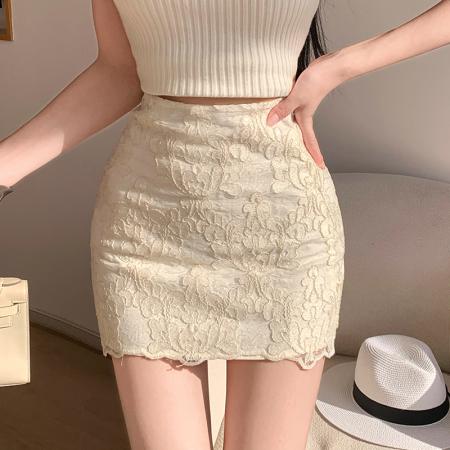 BY18095# 辣妹显瘦蕾丝拼接A字高腰半身裙女夏新款白色包臀短裙ins 服裝批發女裝批發服飾貨源
