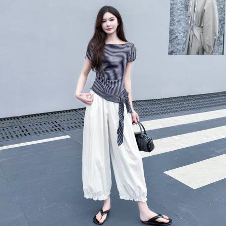 BY18098# 高级感条纹露肩短袖T恤女7分灯笼裤两件套夏收腰显瘦时尚套装 服裝批發女裝批發服飾貨源