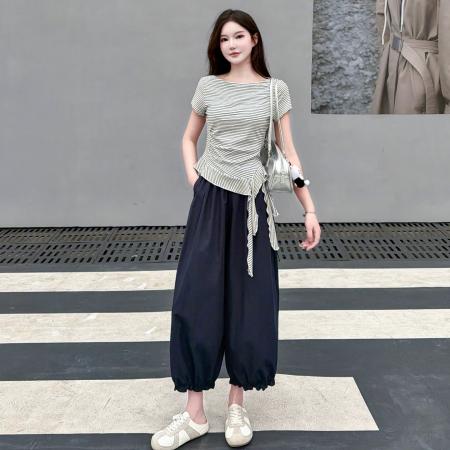 BY18098# 高级感条纹露肩短袖T恤女7分灯笼裤两件套夏收腰显瘦时尚套装 服裝批發女裝批發服飾貨源