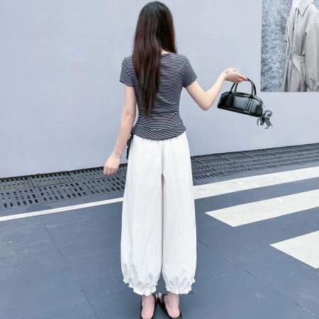 BY18098# 高级感条纹露肩短袖T恤女7分灯笼裤两件套夏收腰显瘦时尚套装 服裝批發女裝批發服飾貨源