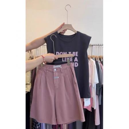 BY18099# 新款小个子网红减龄洋气字母印花无袖t恤短裤两件套装女夏季 服裝批發女裝批發服飾貨源