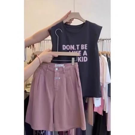 BY18099# 新款小个子网红减龄洋气字母印花无袖t恤短裤两件套装女夏季 服裝批發女裝批發服飾貨源