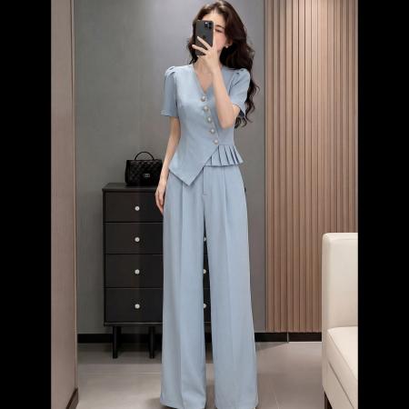 BY18100# 小香风V领休闲运动套装女夏新款蓝色短袖阔腿裤高级感两件套 服裝批發女裝批發服飾貨源