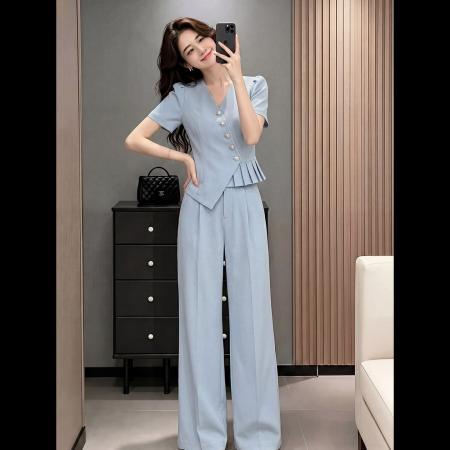 BY18100# 小香风V领休闲运动套装女夏新款蓝色短袖阔腿裤高级感两件套 服裝批發女裝批發服飾貨源