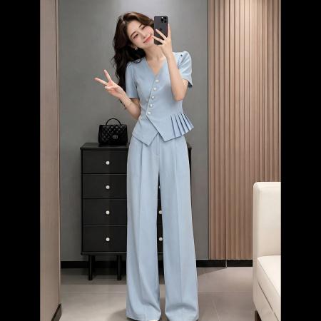 BY18100# 小香风V领休闲运动套装女夏新款蓝色短袖阔腿裤高级感两件套 服裝批發女裝批發服飾貨源