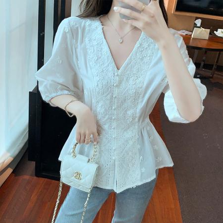 BY18104# 夏季新款淑女甜美中袖小清新蕾丝衫/雪纺衫灯笼袖 服裝批發女裝批發服飾貨源