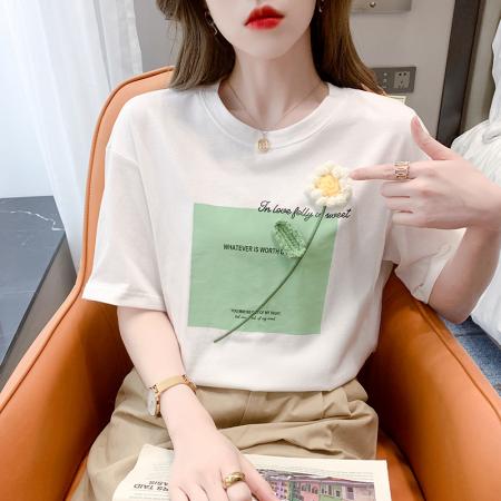 BY18106# 烫砖印花正肩夏新款花短袖棉T恤chic港味 服裝批發女裝批發服飾貨源