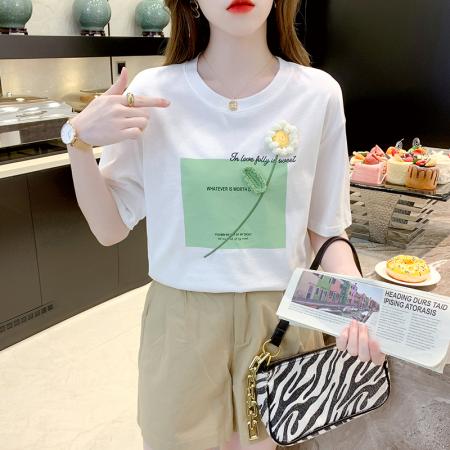 BY18106# 烫砖印花正肩夏新款花短袖棉T恤chic港味 服裝批發女裝批發服飾貨源