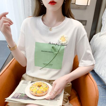 BY18106# 烫砖印花正肩夏新款花短袖棉T恤chic港味 服裝批發女裝批發服飾貨源