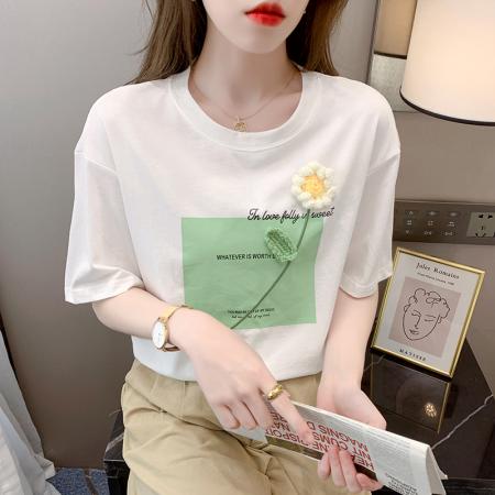 BY18106# 烫砖印花正肩夏新款花短袖棉T恤chic港味 服裝批發女裝批發服飾貨源