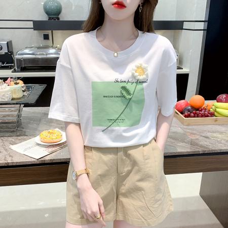 BY18106# 烫砖印花正肩夏新款花短袖棉T恤chic港味 服裝批發女裝批發服飾貨源