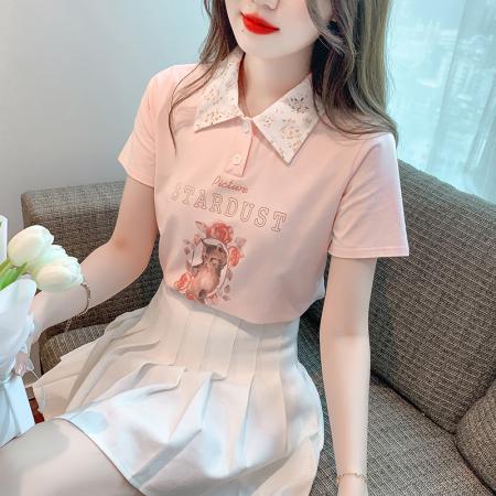 BY18107# 夏季新款艺术绘画动物甜美标准POLO领套头短袖 服裝批發女裝批發服飾貨源