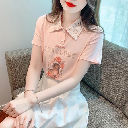 BY18107# 夏季新款艺术绘画动物甜美标准POLO领套头短袖 服裝批發女裝批發服飾貨源