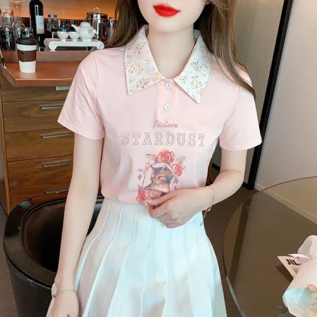BY18107# 夏季新款艺术绘画动物甜美标准POLO领套头短袖 服裝批發女裝批發服飾貨源