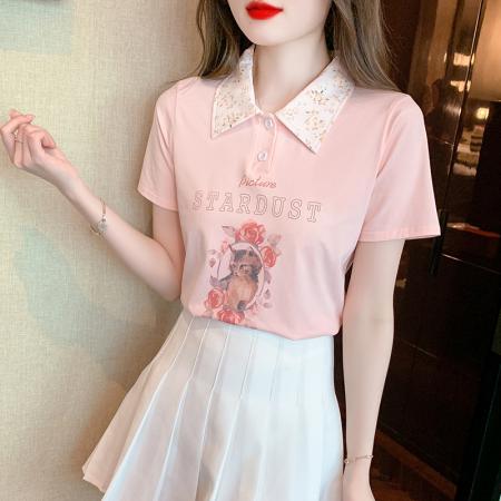 BY18107# 夏季新款艺术绘画动物甜美标准POLO领套头短袖 服裝批發女裝批發服飾貨源