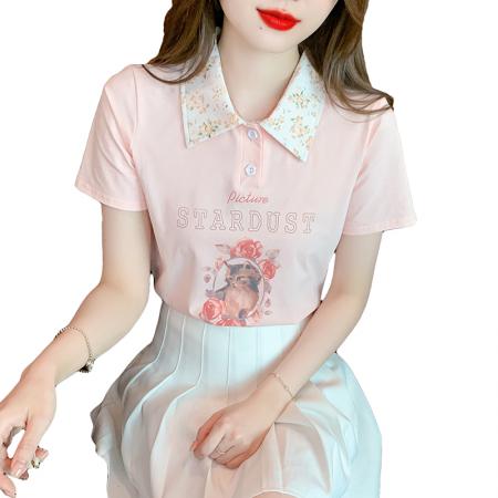 BY18107# 夏季新款艺术绘画动物甜美标准POLO领套头短袖 服裝批發女裝批發服飾貨源