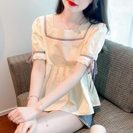 BY18109# 夏季新款常规蕾丝衫/雪纺衫小清新方领甜美公主袖淑女 服裝批發女裝批發服飾貨源
