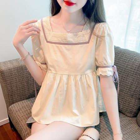 BY18109# 夏季新款常规蕾丝衫/雪纺衫小清新方领甜美公主袖淑女 服裝批發女裝批發服飾貨源