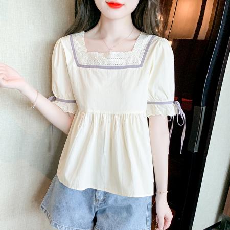 BY18109# 夏季新款常规蕾丝衫/雪纺衫小清新方领甜美公主袖淑女 服裝批發女裝批發服飾貨源