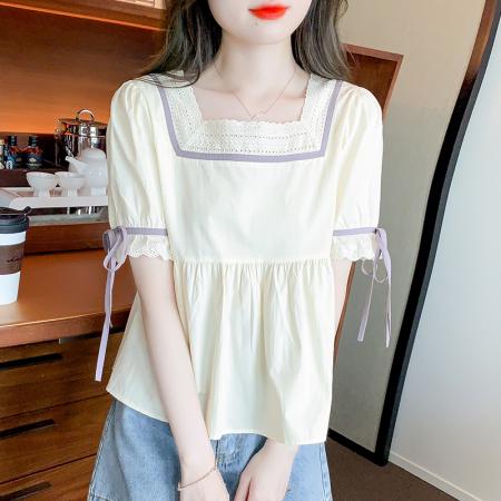 BY18109# 夏季新款常规蕾丝衫/雪纺衫小清新方领甜美公主袖淑女 服裝批發女裝批發服飾貨源