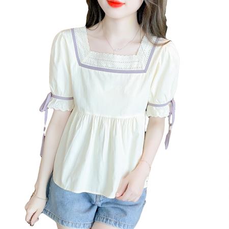 BY18109# 夏季新款常规蕾丝衫/雪纺衫小清新方领甜美公主袖淑女 服裝批發女裝批發服飾貨源