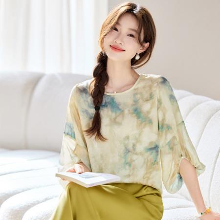 BY18111# 轻奢高端宽松雪纺衬衣晕染设计圆领灯笼袖贵夫人仿真丝气质上衣潮 服裝批發女裝批發服飾貨源