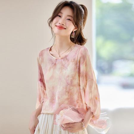 BY18111# 轻奢高端宽松雪纺衬衣晕染设计圆领灯笼袖贵夫人仿真丝气质上衣潮 服裝批發女裝批發服飾貨源