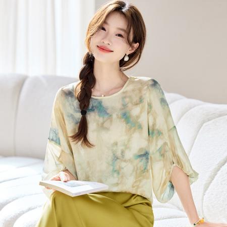 BY18111# 轻奢高端宽松雪纺衬衣晕染设计圆领灯笼袖贵夫人仿真丝气质上衣潮 服裝批發女裝批發服飾貨源