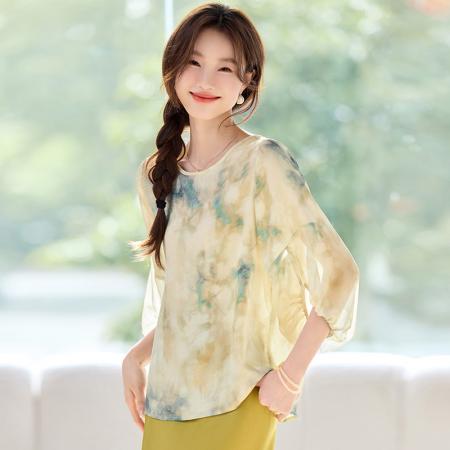 BY18111# 轻奢高端宽松雪纺衬衣晕染设计圆领灯笼袖贵夫人仿真丝气质上衣潮 服裝批發女裝批發服飾貨源