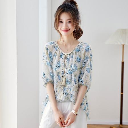 BY18112# 超好看印花圆领中袖衬衫女夏季薄款系带宽松百搭中式雪纺衫上衣 服裝批發女裝批發服飾貨源