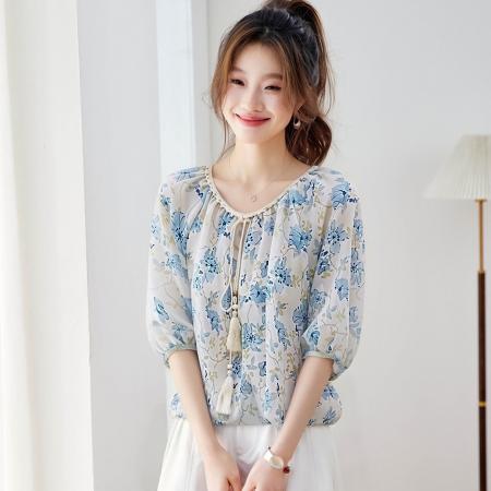 BY18112# 超好看印花圆领中袖衬衫女夏季薄款系带宽松百搭中式雪纺衫上衣 服裝批發女裝批發服飾貨源