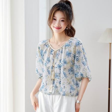 BY18112# 超好看印花圆领中袖衬衫女夏季薄款系带宽松百搭中式雪纺衫上衣 服裝批發女裝批發服飾貨源