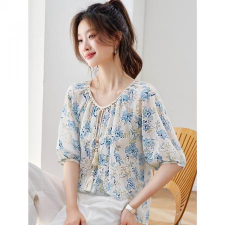 BY18112# 超好看印花圆领中袖衬衫女夏季薄款系带宽松百搭中式雪纺衫上衣 服裝批發女裝批發服飾貨源