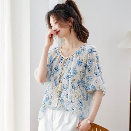 BY18112# 超好看印花圆领中袖衬衫女夏季薄款系带宽松百搭中式雪纺衫上衣 服裝批發女裝批發服飾貨源