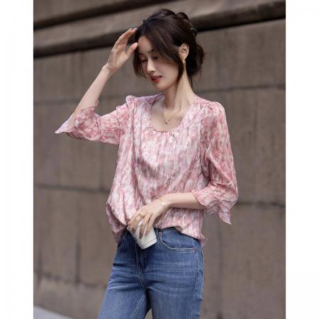 BY18113# 艺术晕染植物印花春季飘逸荷叶袖衬衫顺滑舒适藏肉衬衣女上衣 服裝批發女裝批發服飾貨源