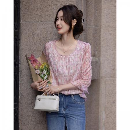BY18113# 艺术晕染植物印花春季飘逸荷叶袖衬衫顺滑舒适藏肉衬衣女上衣 服裝批發女裝批發服飾貨源