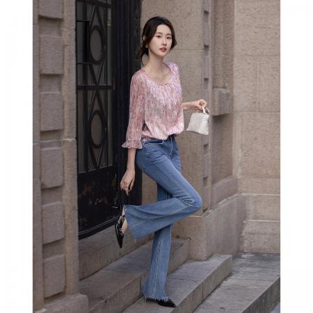 BY18113# 艺术晕染植物印花春季飘逸荷叶袖衬衫顺滑舒适藏肉衬衣女上衣 服裝批發女裝批發服飾貨源