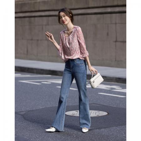 BY18113# 艺术晕染植物印花春季飘逸荷叶袖衬衫顺滑舒适藏肉衬衣女上衣 服裝批發女裝批發服飾貨源