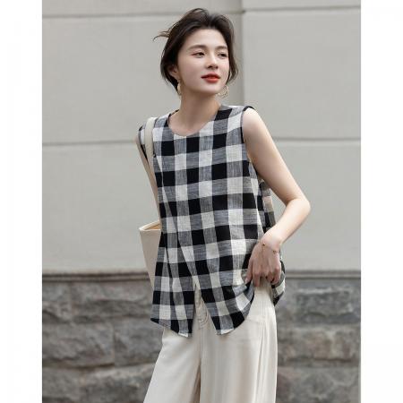 BY18114# 夏季复古格纹穿搭交叉复式棉衬衫圆领无袖小个子衬衣女装上衣 服裝批發女裝批發服飾貨源