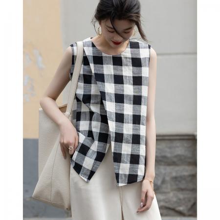 BY18114# 夏季复古格纹穿搭交叉复式棉衬衫圆领无袖小个子衬衣女装上衣 服裝批發女裝批發服飾貨源