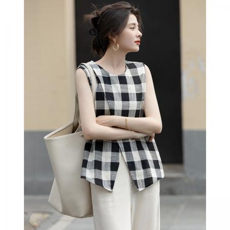 BY18114# 夏季复古格纹穿搭交叉复式棉衬衫圆领无袖小个子衬衣女装上衣 服裝批發女裝批發服飾貨源