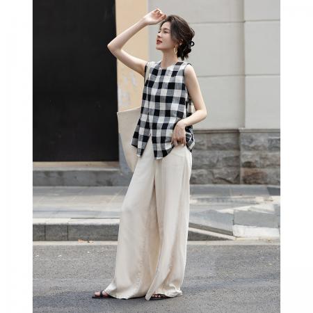 BY18114# 夏季复古格纹穿搭交叉复式棉衬衫圆领无袖小个子衬衣女装上衣 服裝批發女裝批發服飾貨源