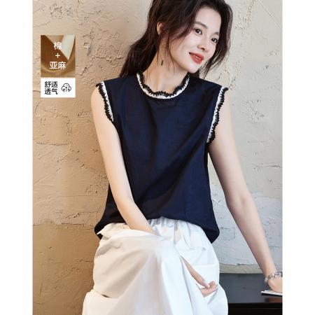 BY18115# 夏季文清爽亚麻棉竹节布艺衬衫立领无袖撞色花边衬衣女装上衣 服裝批發女裝批發服飾貨源