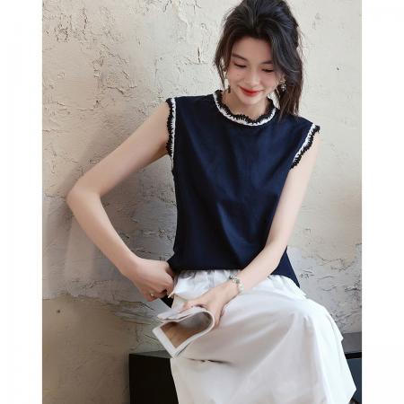 BY18115# 夏季文清爽亚麻棉竹节布艺衬衫立领无袖撞色花边衬衣女装上衣 服裝批發女裝批發服飾貨源