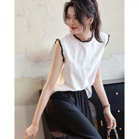 BY18115# 夏季文清爽亚麻棉竹节布艺衬衫立领无袖撞色花边衬衣女装上衣 服裝批發女裝批發服飾貨源