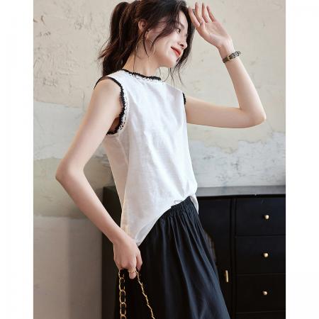 BY18115# 夏季文清爽亚麻棉竹节布艺衬衫立领无袖撞色花边衬衣女装上衣 服裝批發女裝批發服飾貨源