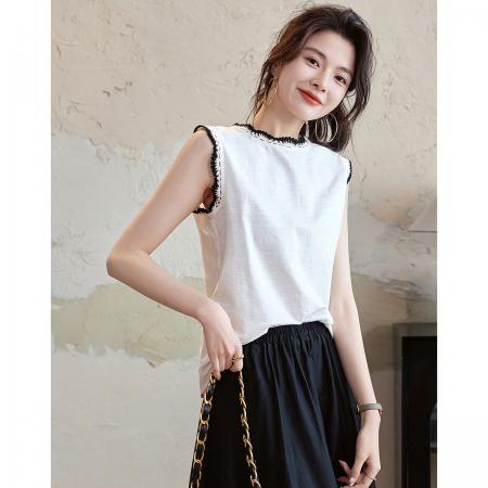 BY18115# 夏季文清爽亚麻棉竹节布艺衬衫立领无袖撞色花边衬衣女装上衣 服裝批發女裝批發服飾貨源